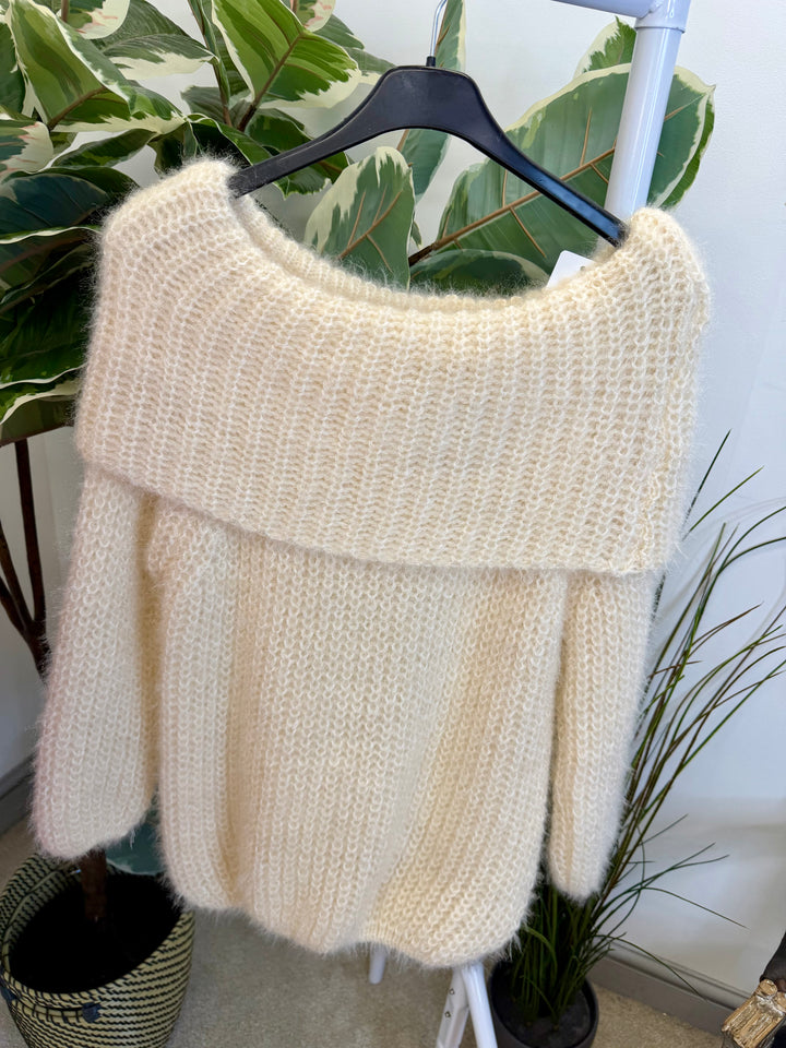 LADIES FLUFFY KNIT BARDOT JUMPER - MINT, BLACK, CREAM, PINK, LEMON & MOCHA