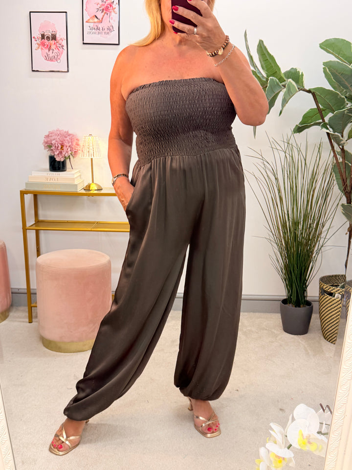 Ladies Fashion Satin Bandeau Harem Leg Jumpsuit - Black, Brown & Wine