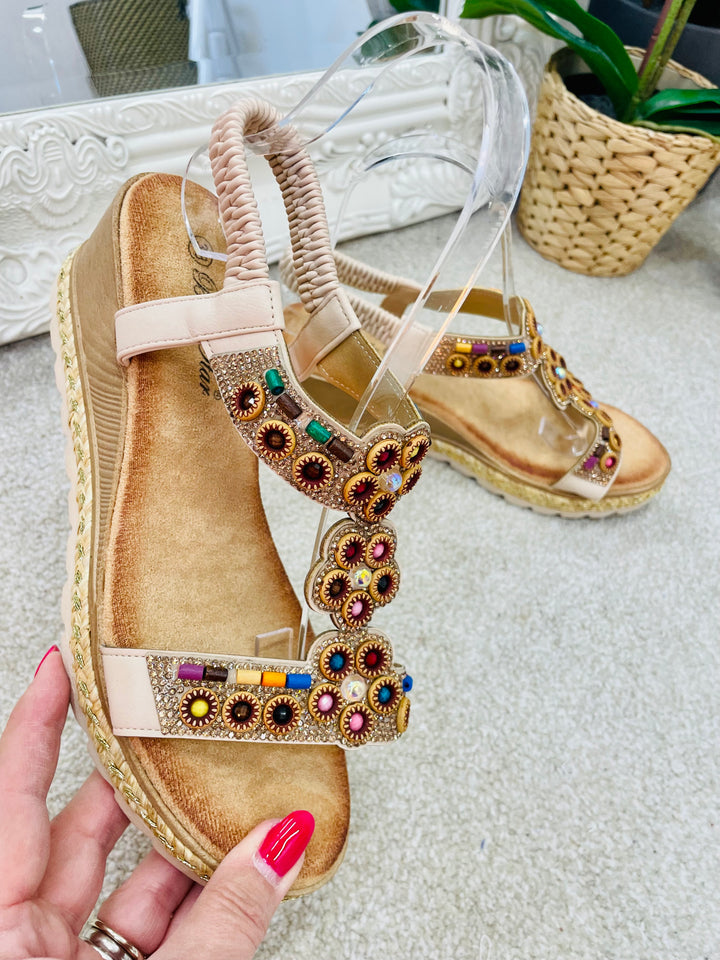 LADIES WOMENS BEIGE BEADED LOW WEDGE HEEL SANDALS sizes 3 to 8