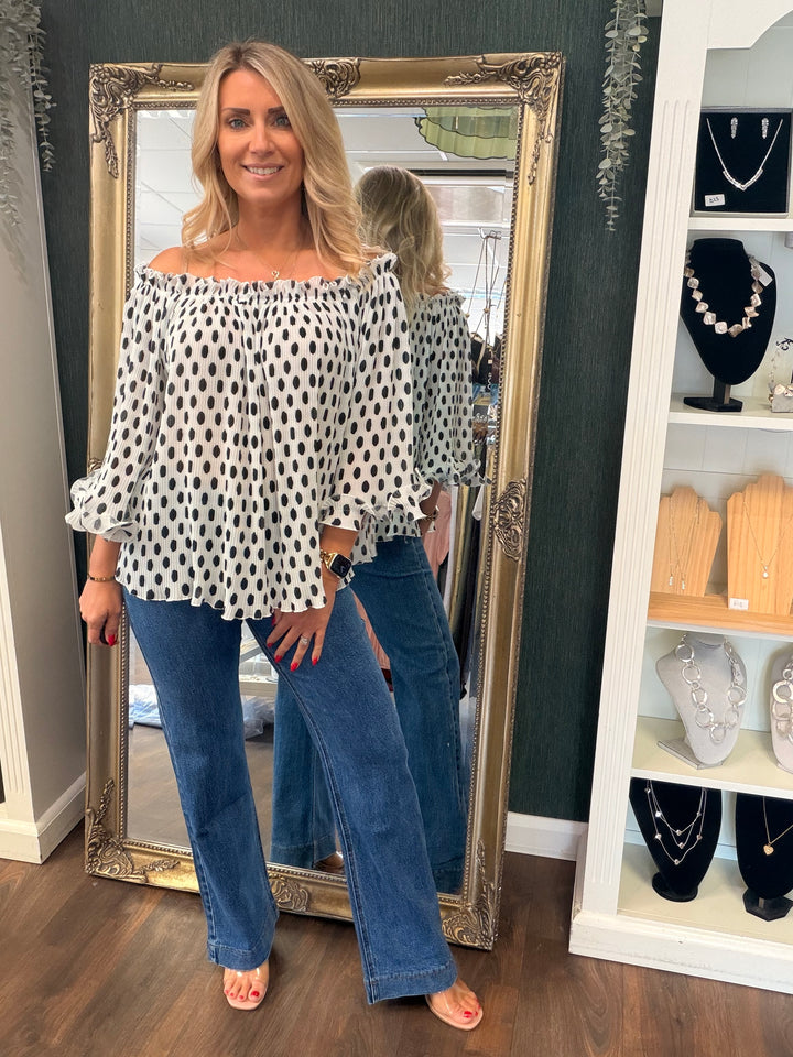 Ladies Pleated Polka Dot Bardot Top - White, Black, Navy & Beige