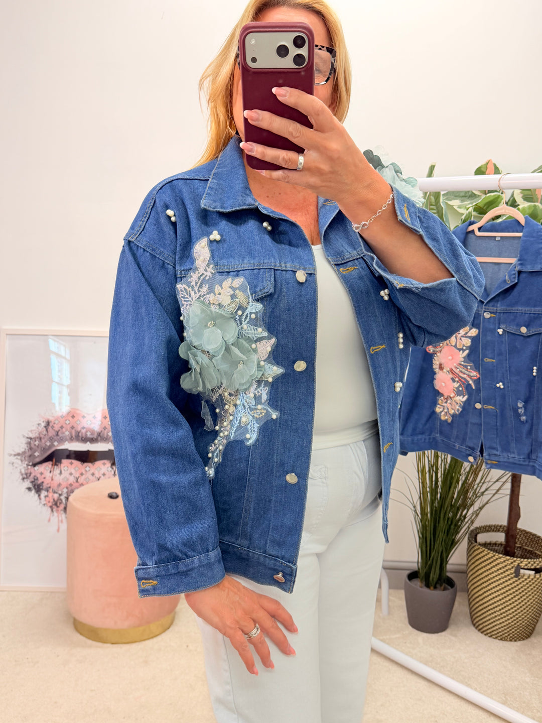 Ladies Blue Denim Applique Flower & Pearl Jacket - Pink & Mint