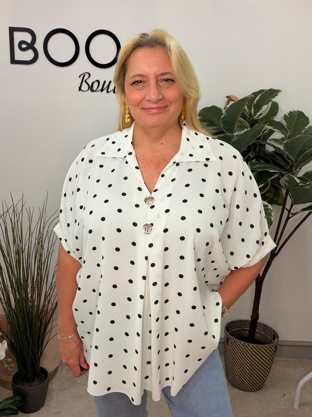 Ladies Curve Polka Dot Loose Fit Top - Navy & White 