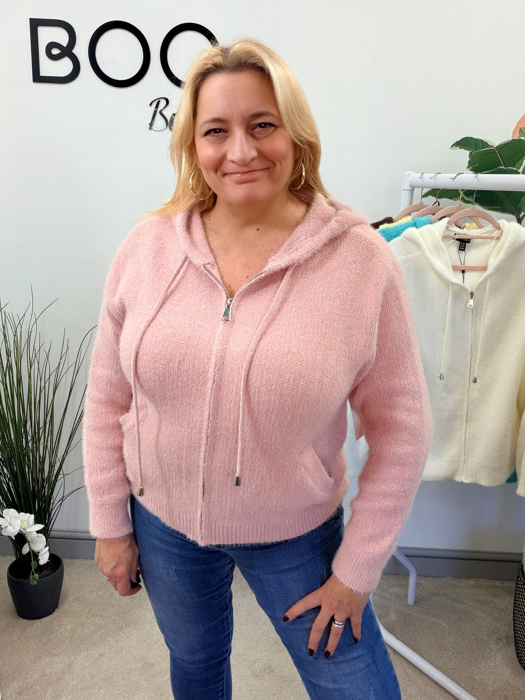 LADIES SOFT FLUFFY HOODY CARDIGAN - LEMON, AQUA, BROWN, PINK, WHITE