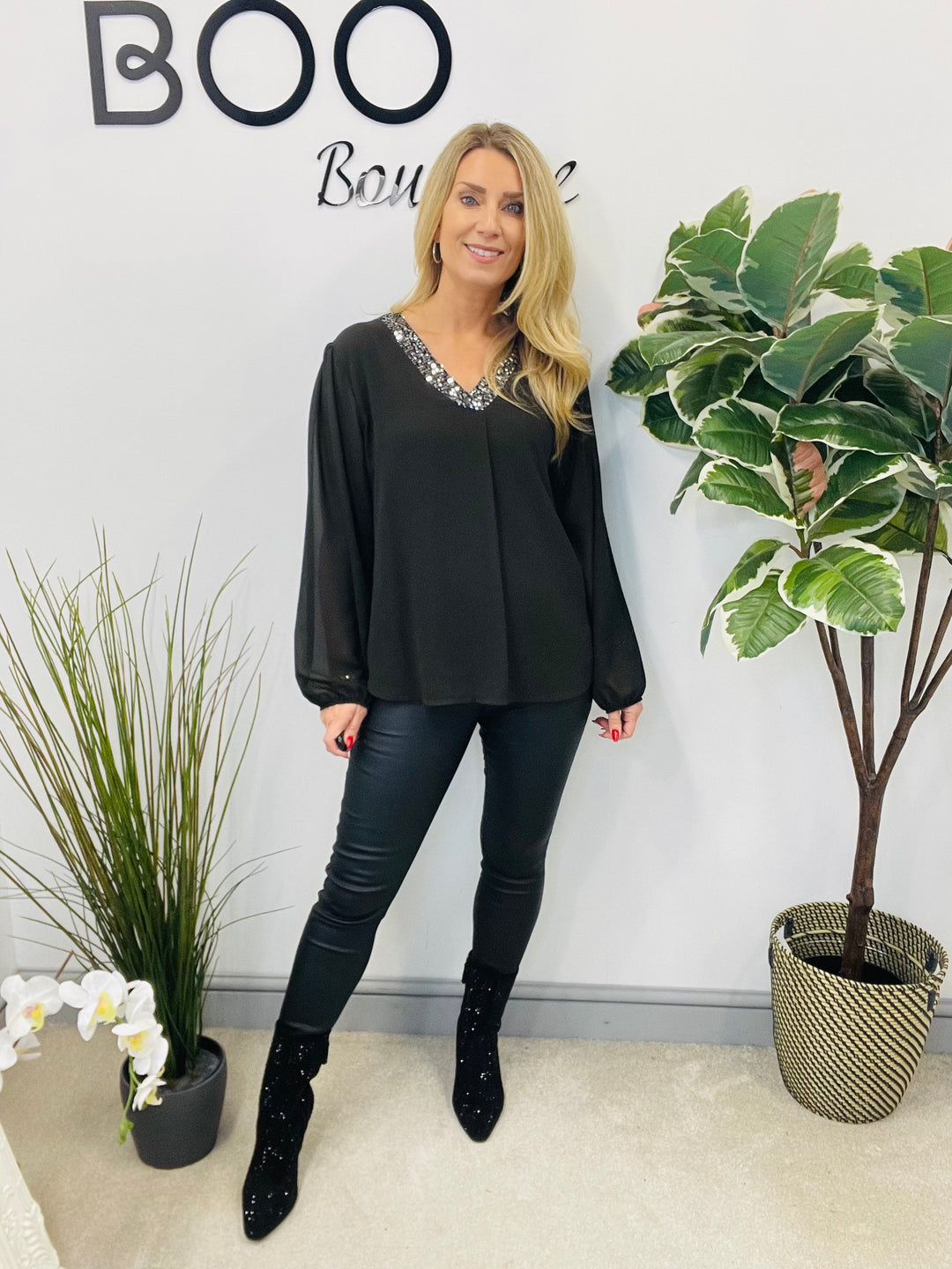 LADIES CHIFFON FLOATY SEQUIN PARTY TOP - BROWN, BLACK, BERRY