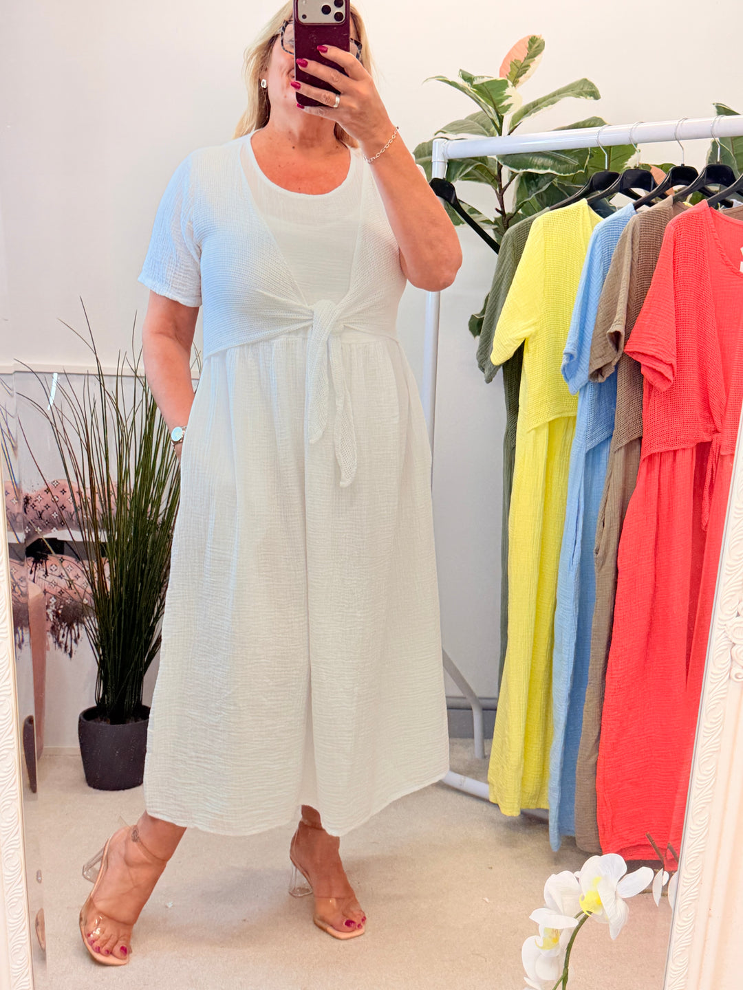 Ladies Cheesecloth Summer Midi Dress - Lemon, Khaki, Coral, White, Lemon, Blue