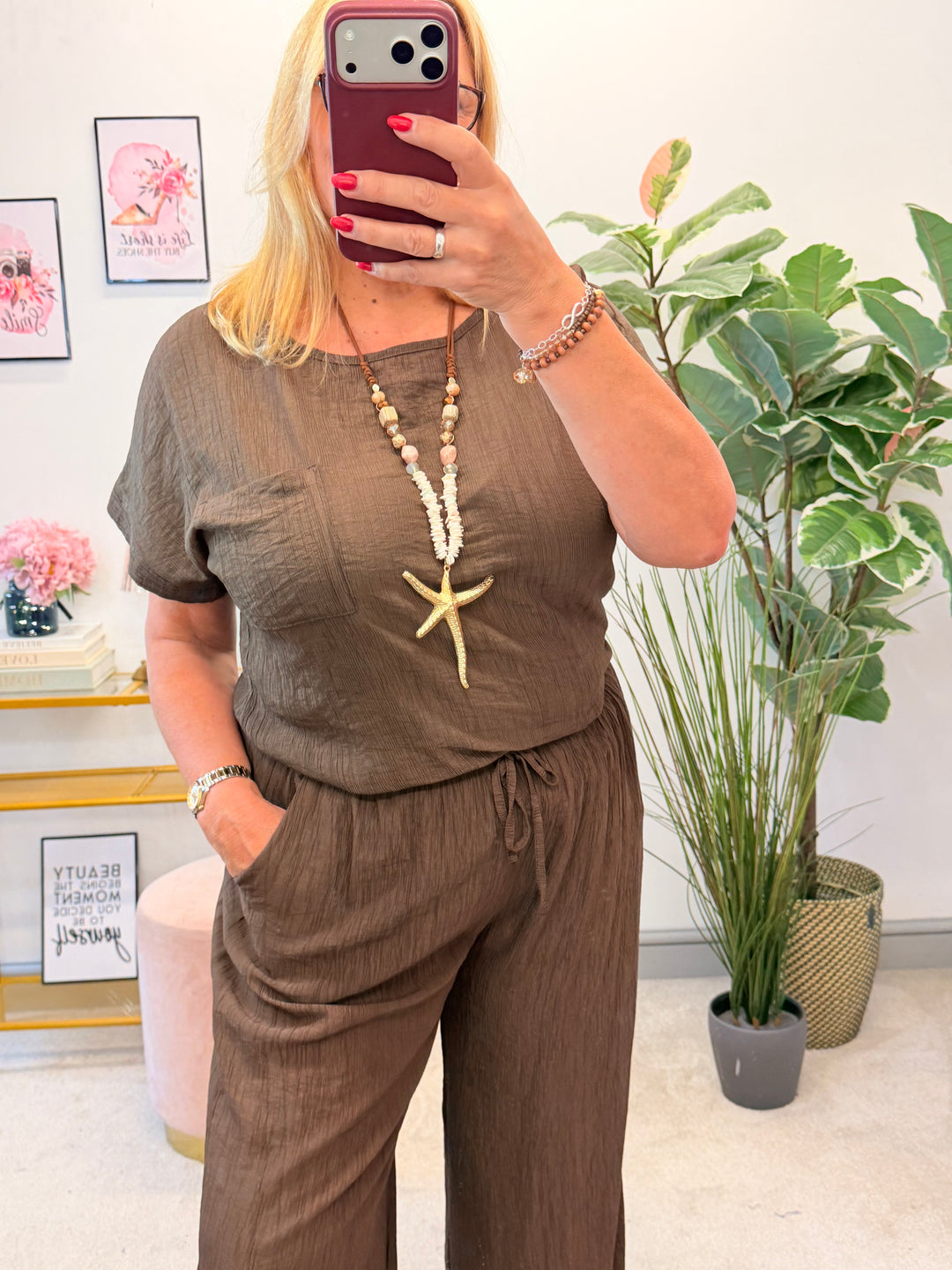 Ladies Non Crease Short Sleeve Top - Lime, White, Brown & Coral