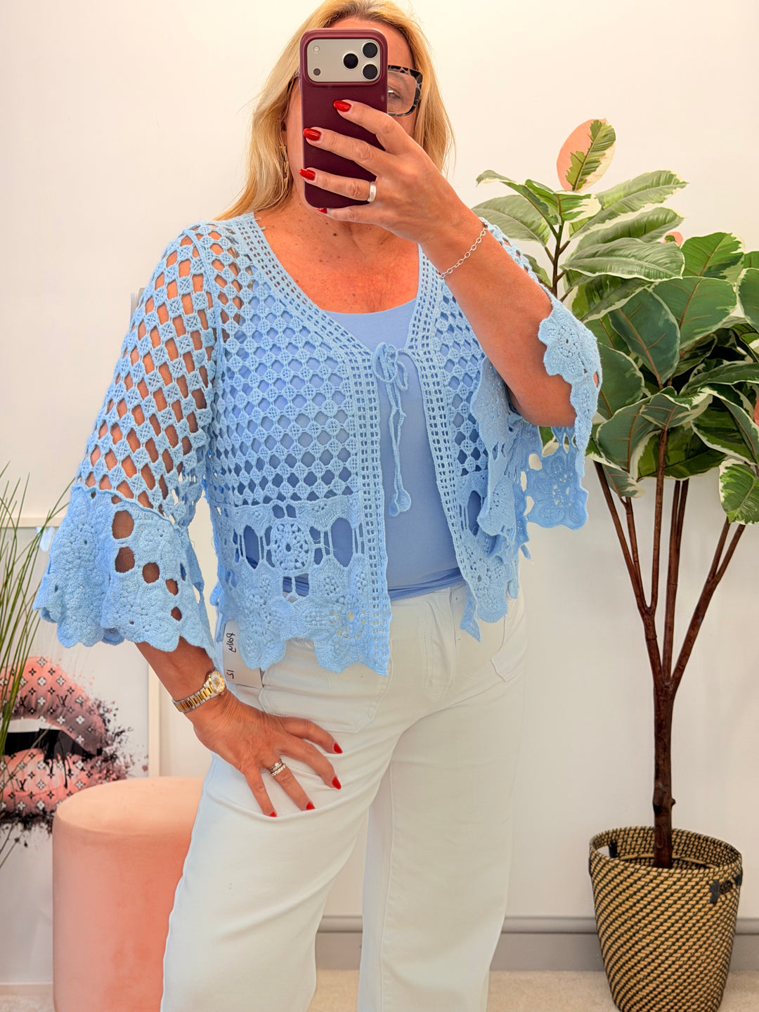 Ladies Fashion Crochet Bolero Cardigan pale blue
