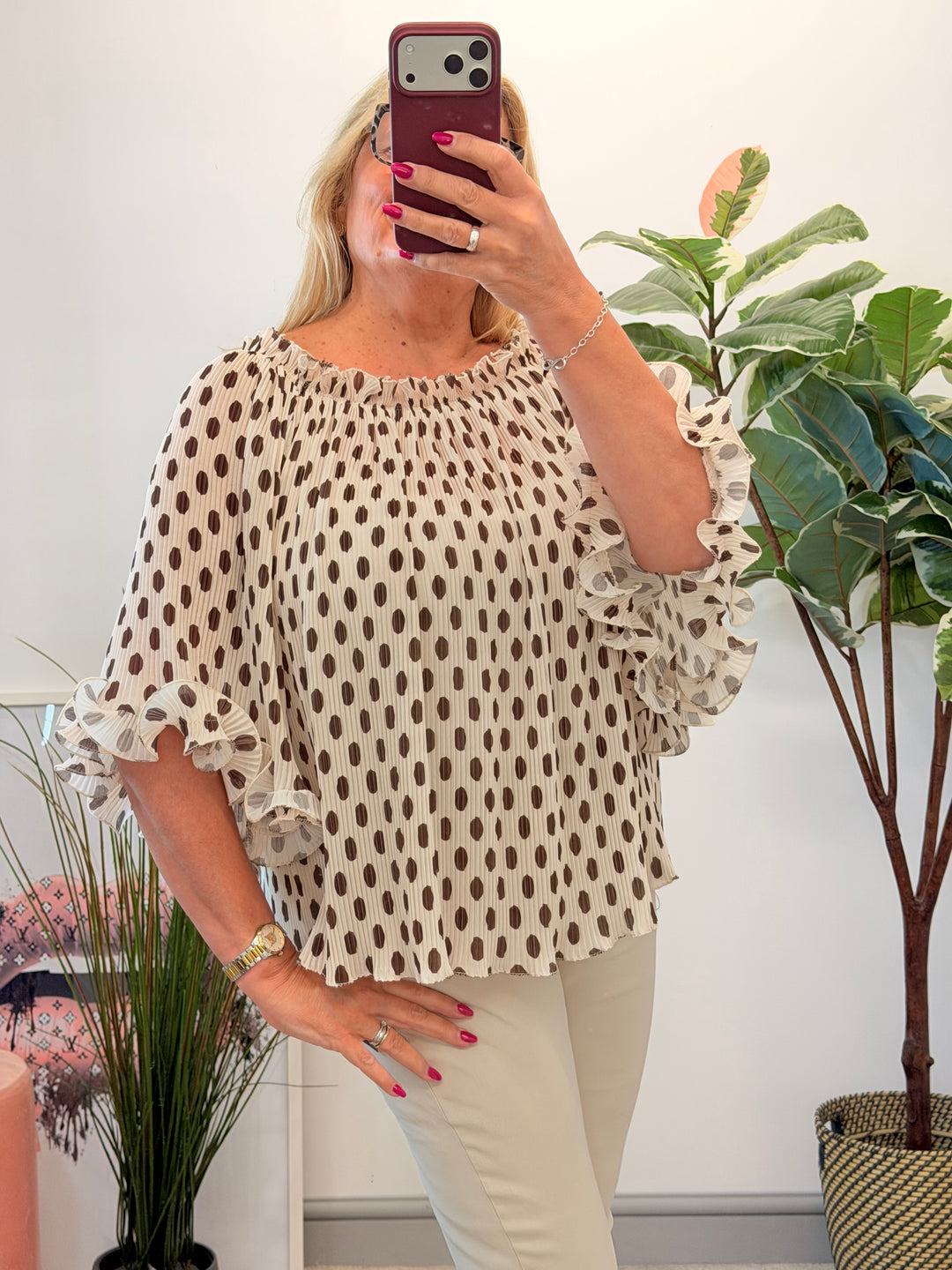 Ladies Pleated Polka Dot Bardot Top - White, Black, Navy & Beige