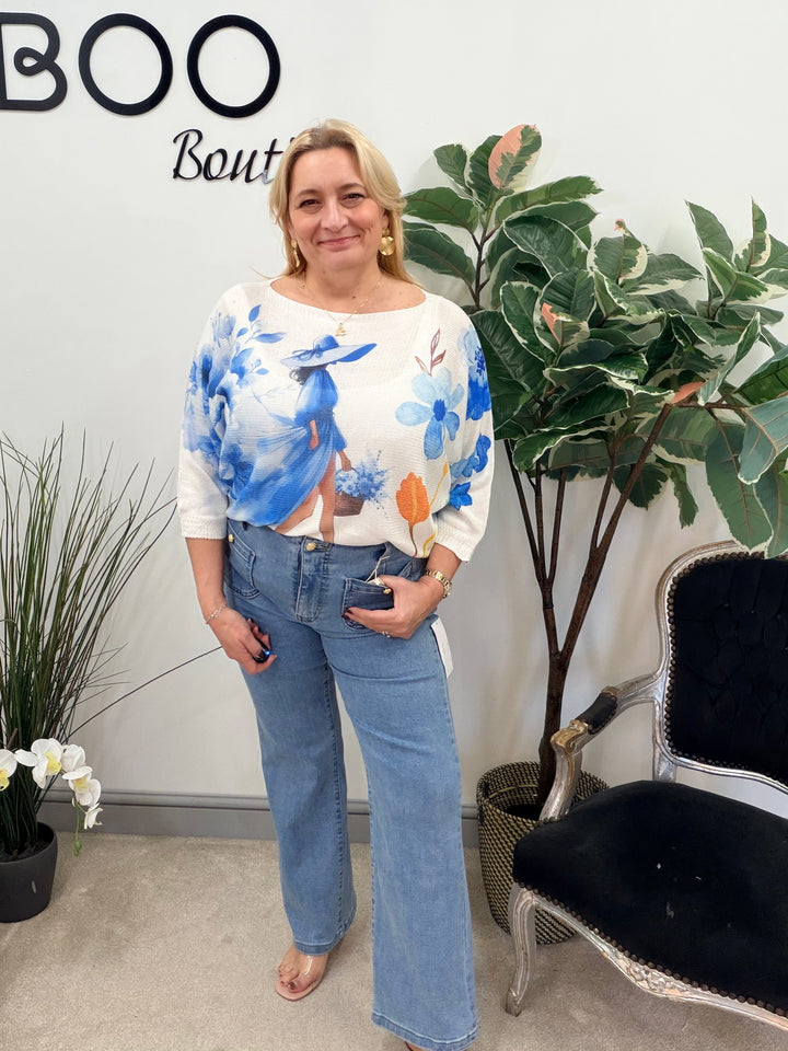 LADIES FASHION WHITE BATWING JUMPER - PINK & BLUE