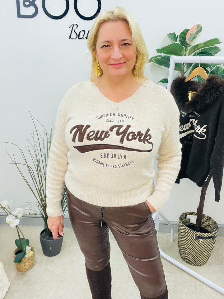 LADIES KNITTED FAUX FUR COLLAR JUMPER - BEIGE & CHOCOLATE BROWN