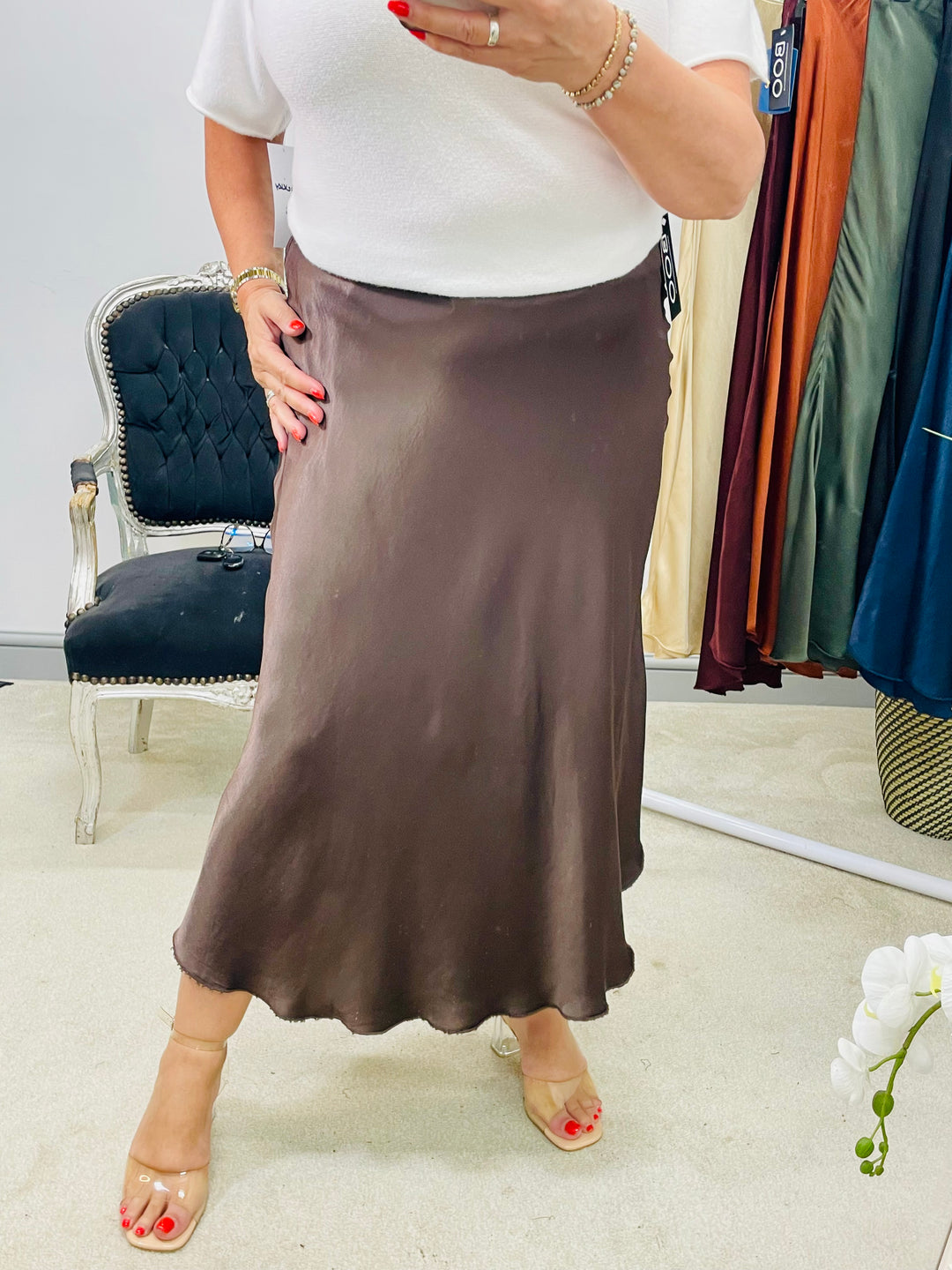 LADIES SATIN MAXI SKIRT - WINE, BLACK, BROWN, RUST, KHAKI, GOLD, NAVY