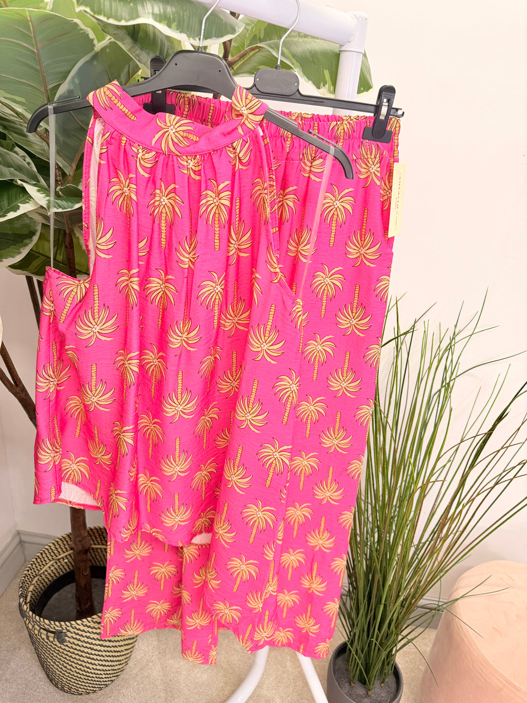 Ladies Palm Tree Print Fashion Trouser Co Ord Set - Navy, White, Pink, Brown & Orange