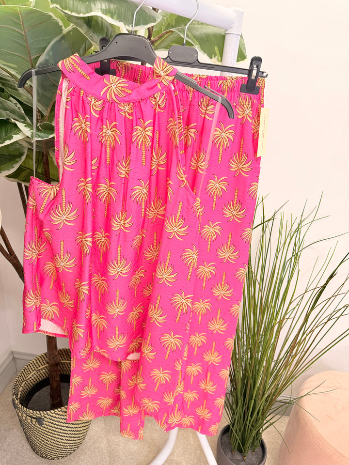 Ladies Palm Tree Print Fashion Trouser Co Ord Set - Navy, White, Pink, Brown & Orange