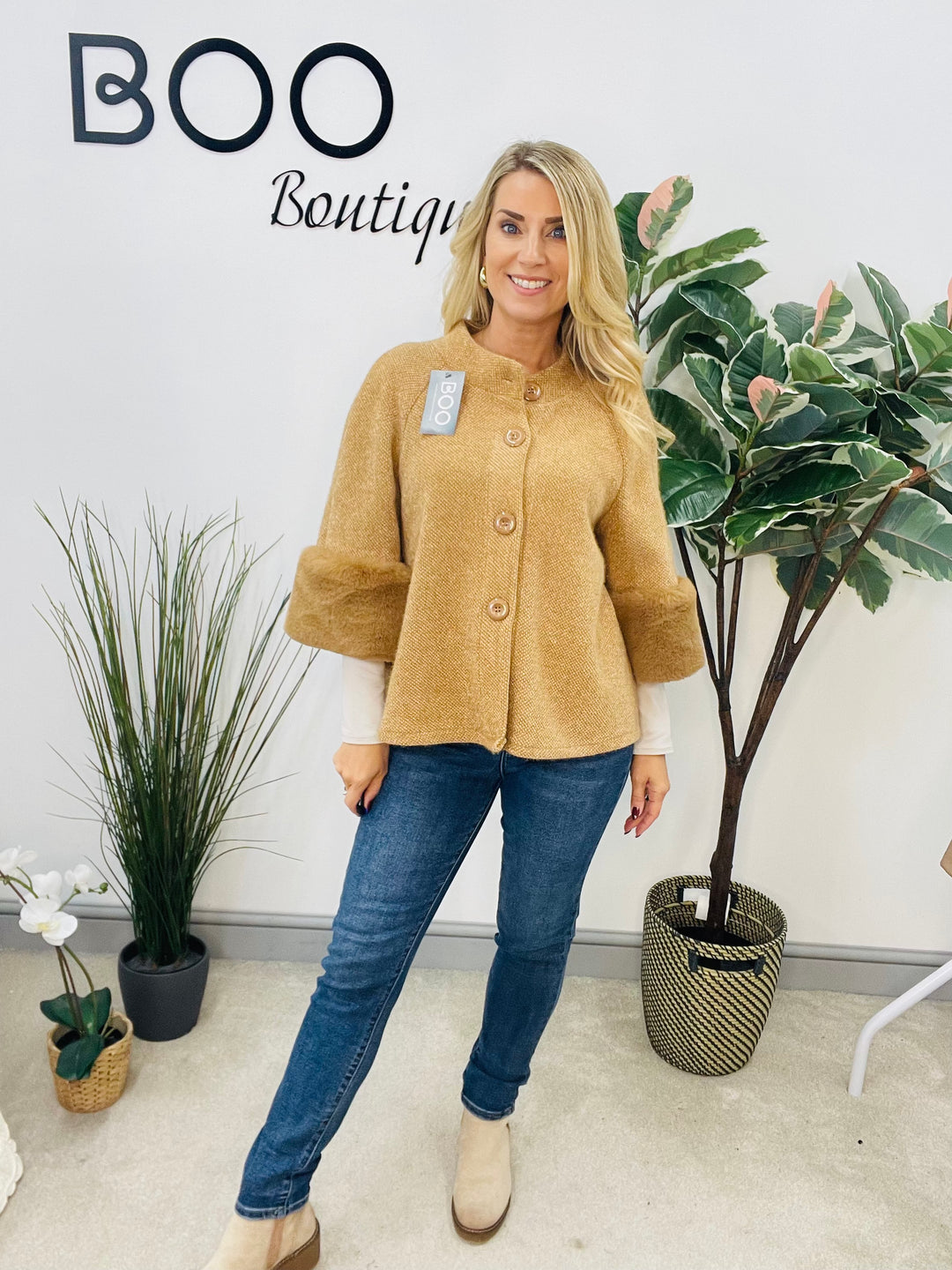 LADIES BOLERO FAUX FUR CARDIGAN JACKET - BLACK, CREAM, CAMEL, KHAKI & BROWN