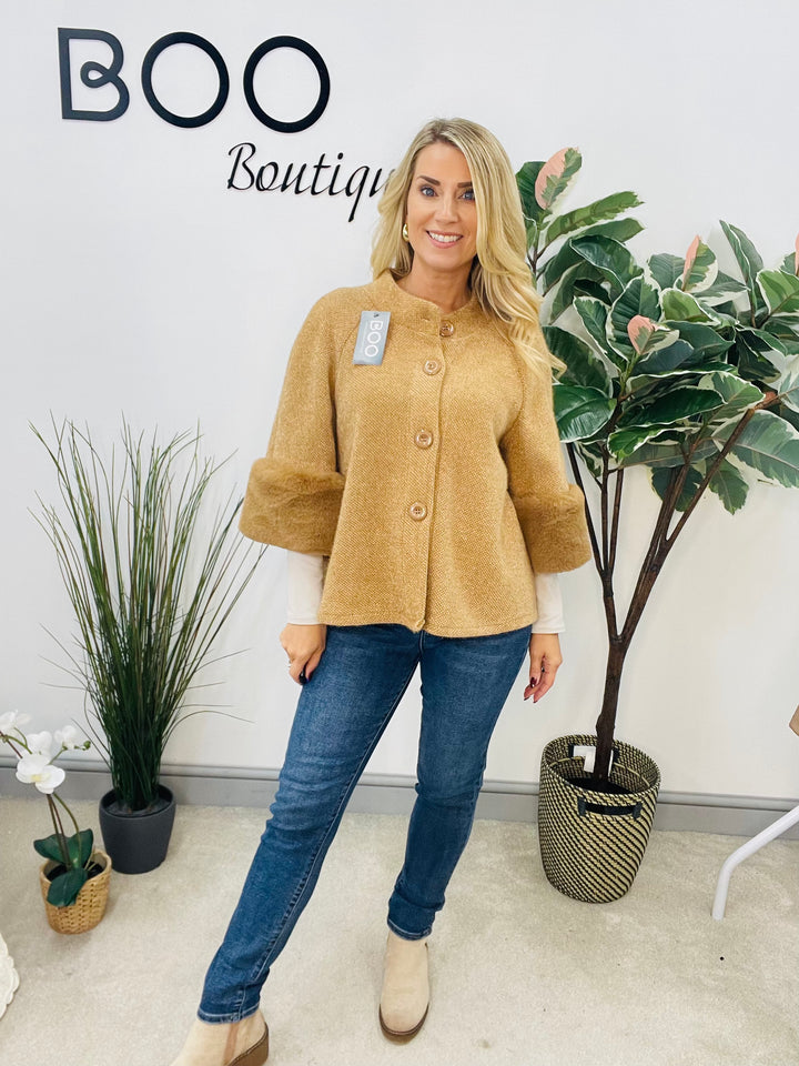 LADIES BOLERO FAUX FUR CARDIGAN JACKET - BLACK, CREAM, CAMEL, KHAKI & BROWN