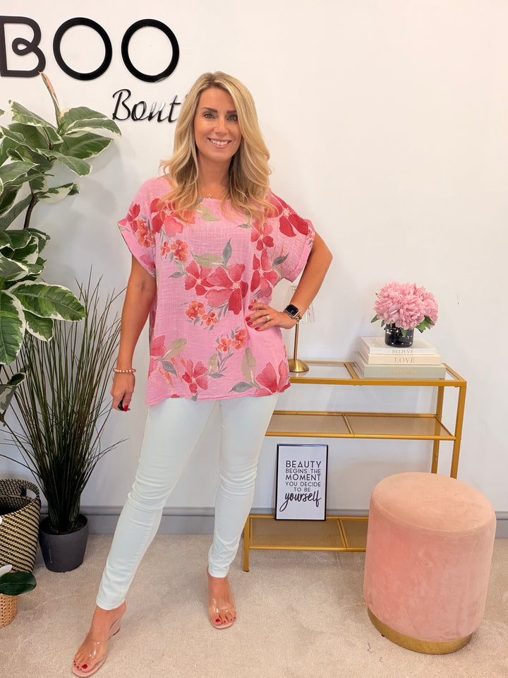 Ladies Flower Print Linen Casual Top - White, Pink, Lilac & Coral