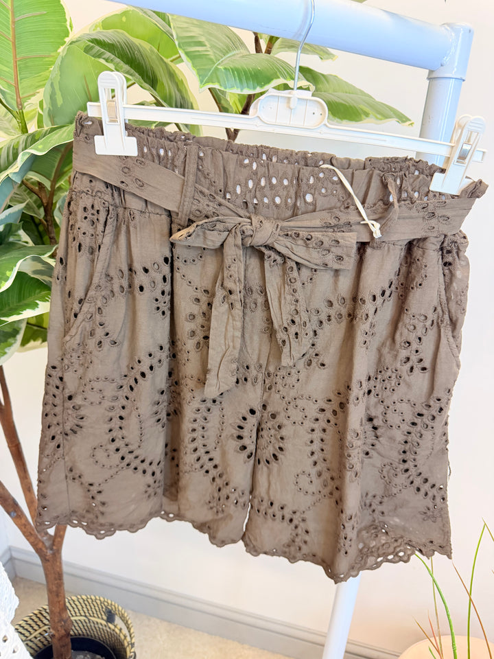 Ladies Broderie Anglaise Cotton Shorts - Brown, White, Coral, Khaki, Black & Beige