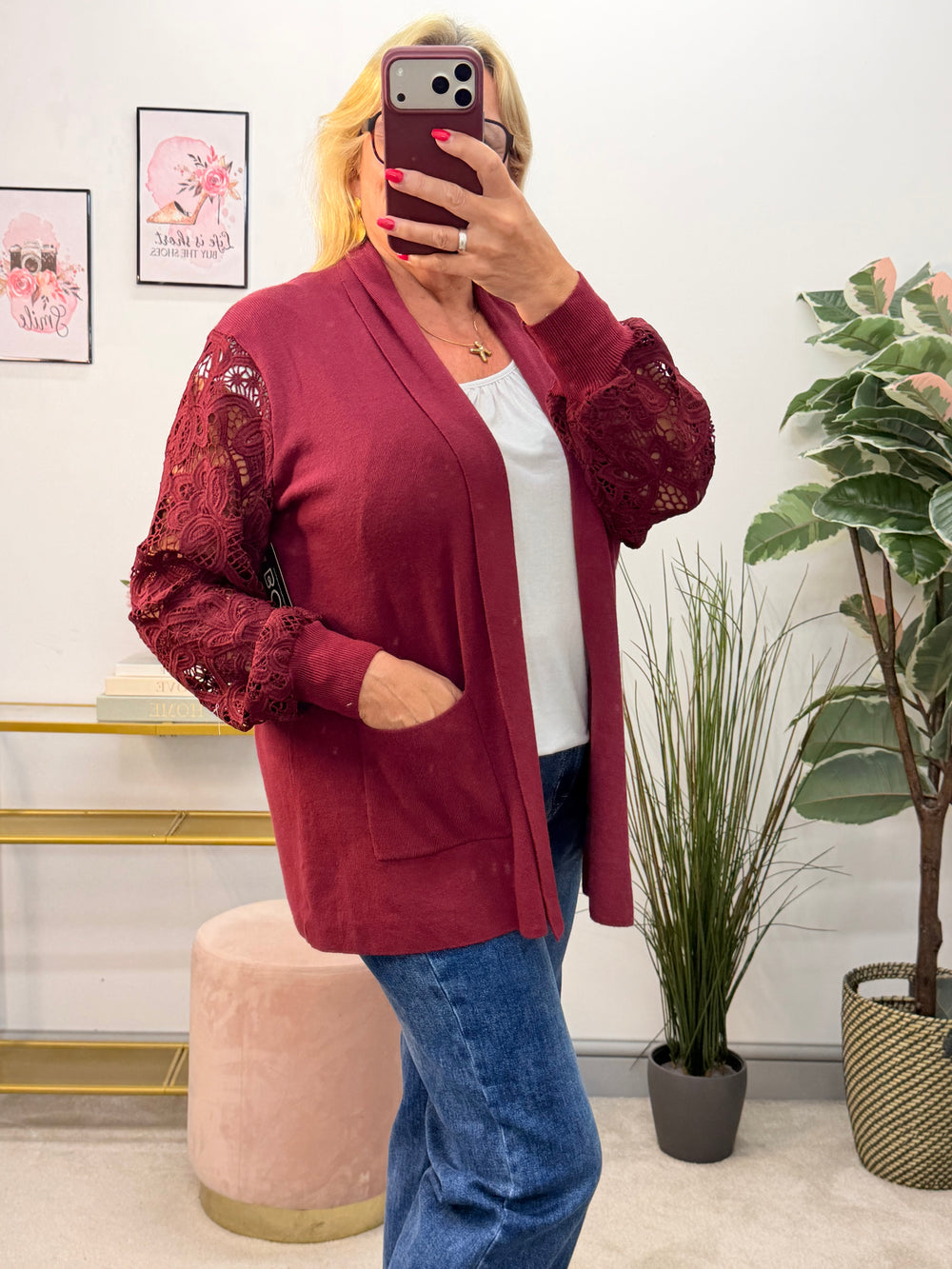Ladies Crochet Sleeve Longline Cardigan - Black, Brown, Khaki, Wine, Beige & Grey