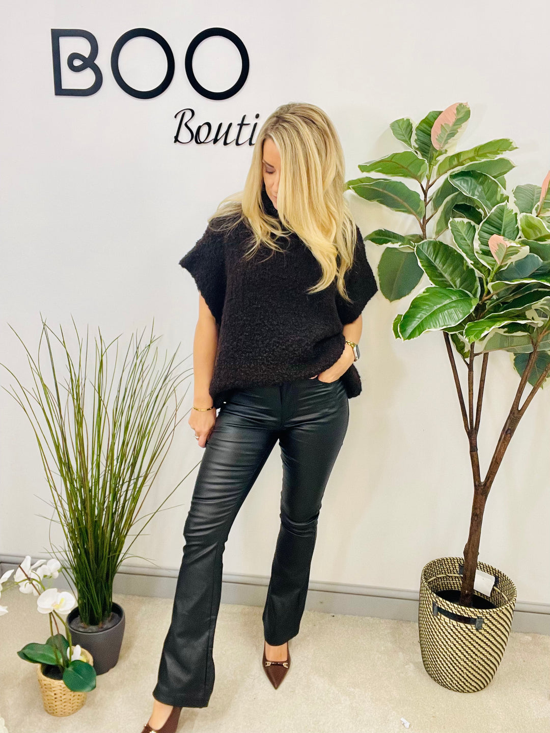 LADIES BLACK WAXY SHINY KICK FLARE JEANS