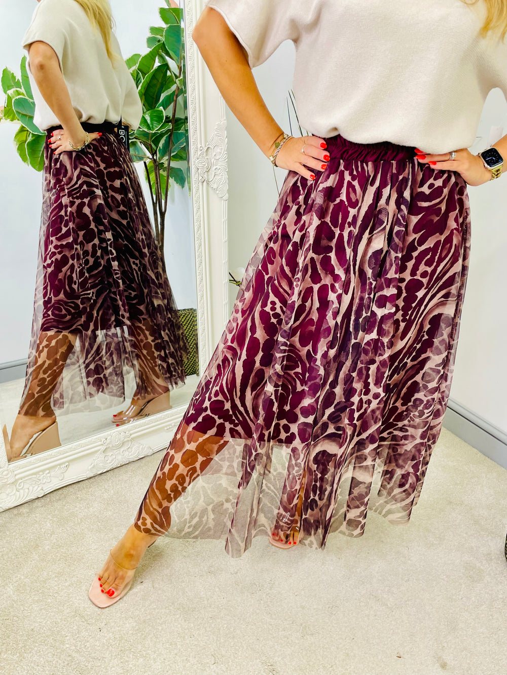 LADIES ANIMAL PRINT TULLE MAXI SKIRT - BLACK, BROWN & BURGUNDY