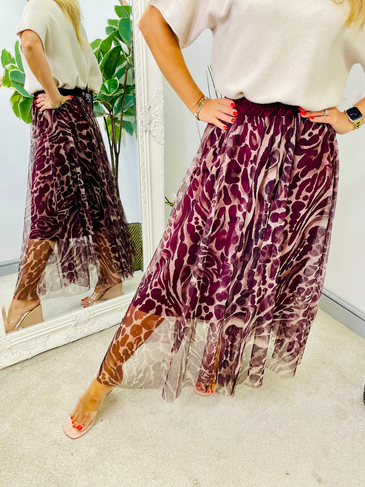 LADIES ANIMAL PRINT TULLE MAXI SKIRT - BLACK, BROWN & BURGUNDY