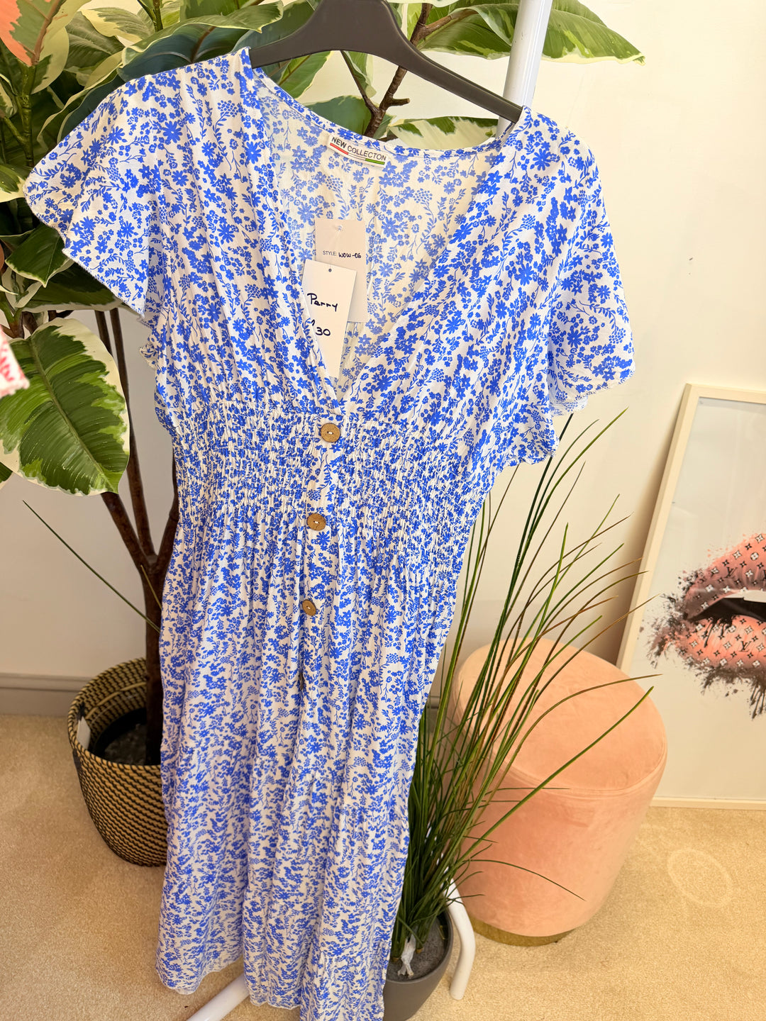 Ladies Fashion Daisy Print Midi Day Dress - Blue, Navy, Pink, Red