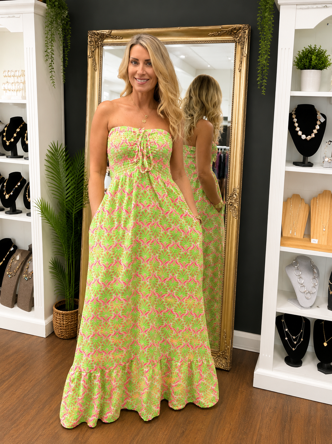 Ladies Fashion Summer Strapless Maxi Dress - Pink, Yellow, Orange, Green, Navy