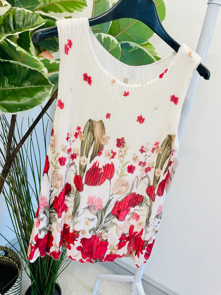 LADIES CHIFFON PLEATED FLORAL PRINT SUMMER TOP - RED & NAVY