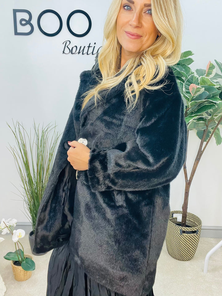 LADIES LUXURY FAUX FUR COAT JACKET - BLACK, BEIGE & BROWN