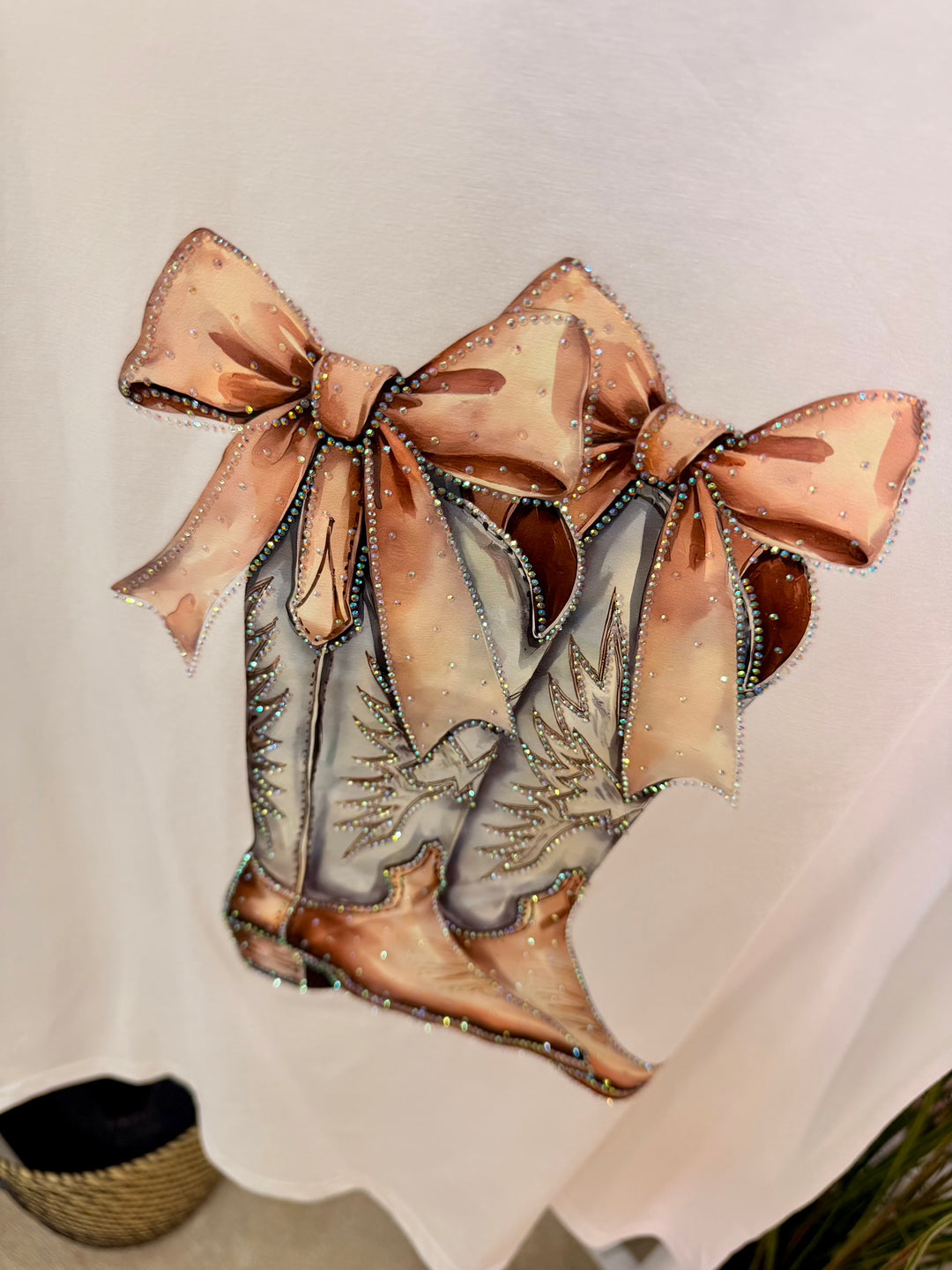 Ladies Fashion Stretch White T Shirt with cowboy boot logo