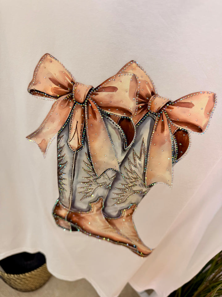 Ladies Fashion Stretch White T Shirt with cowboy boot logo