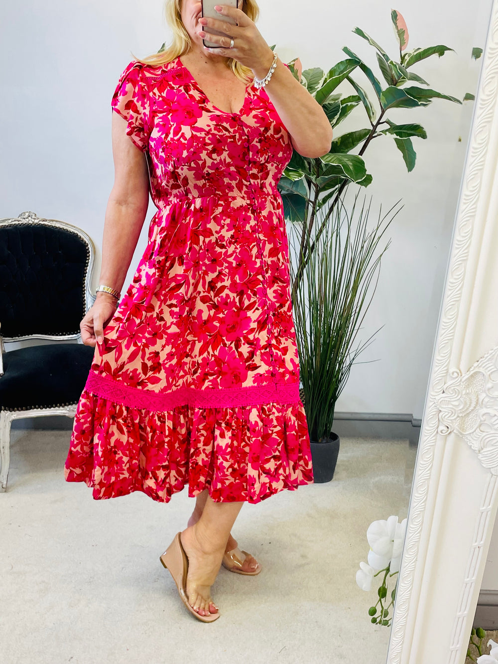 LADIES PINK ROSE PRINT SUMMER EVENT MIDI DAY DRESS