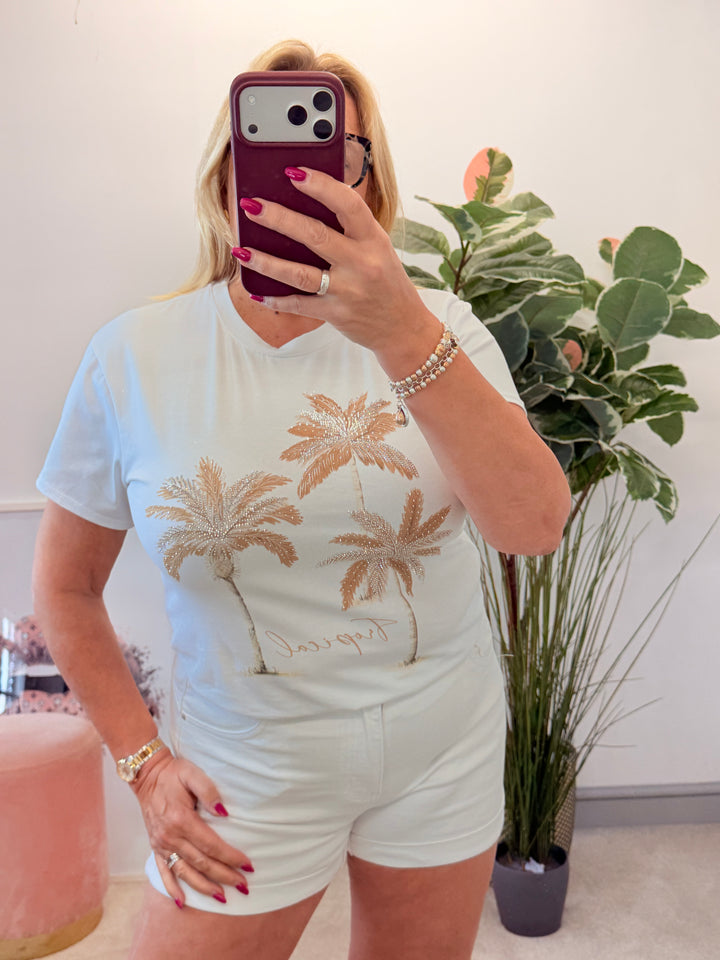 Ladies White Sparkly Tropical Print T Shirt - Navy, Blue, Pink, Khaki & Beige
