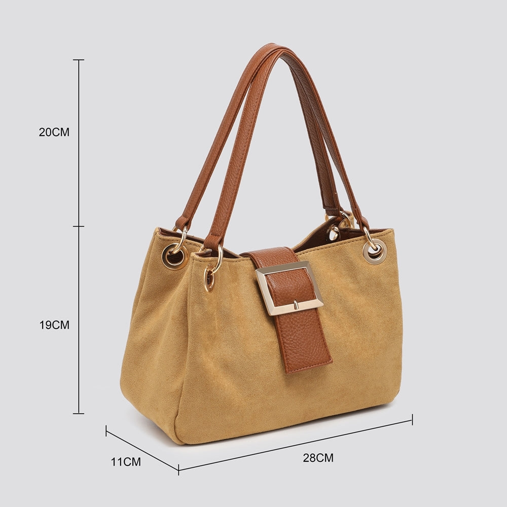 Ladies Fashion Faux Suede Small Tote Handbag - black, wine, cream, camel, orange, brown