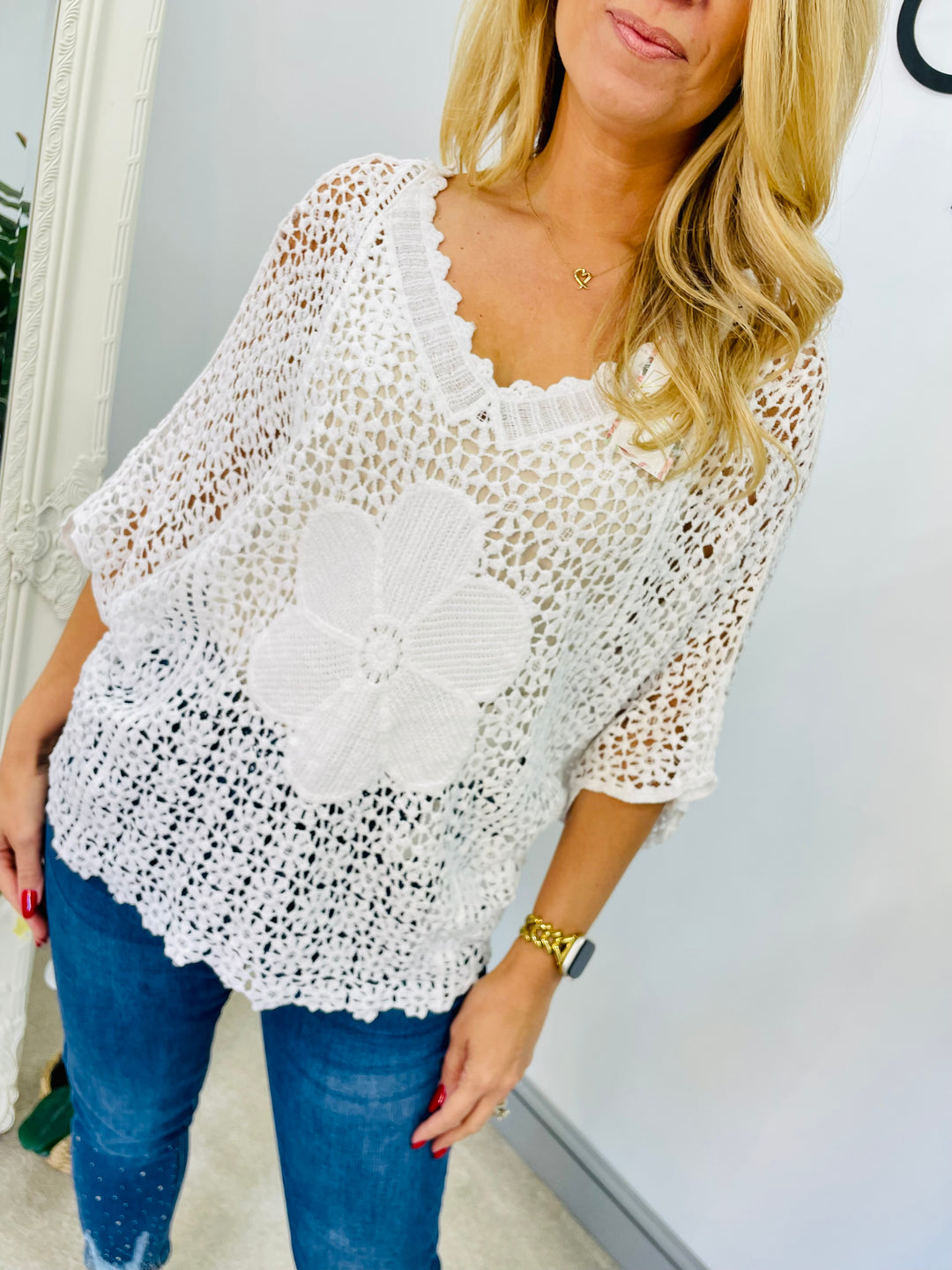 LADIES WOMENS WHITE CROCHET SUMMER TOP