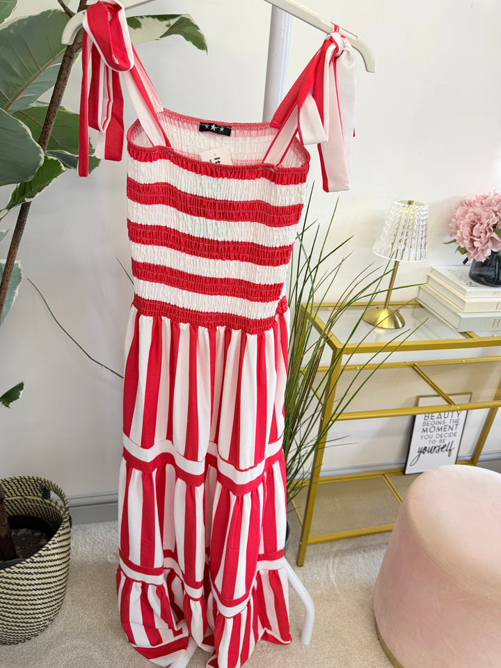 Ladies Candy Stripe Summer Sun Maxi Dress - Royal Blue, Navy & Red