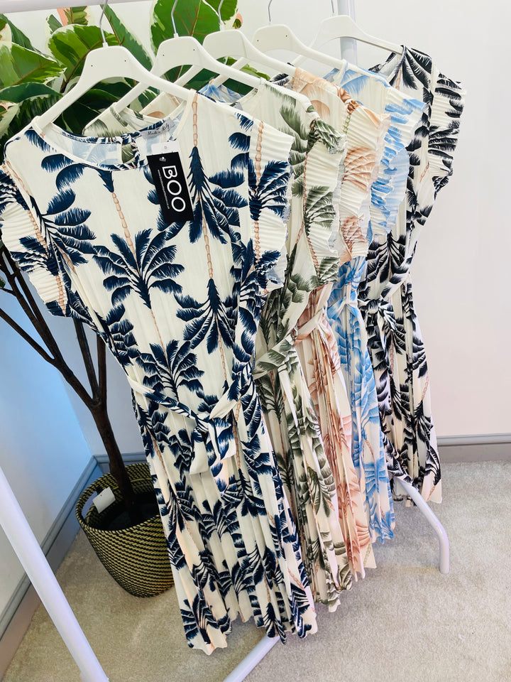 LADIES WOMENS TROPICAL PRINT PLEATED SUMMER MIDI DRESS - BLACK, KHAKI, BLUE, BEIGE & NAVY