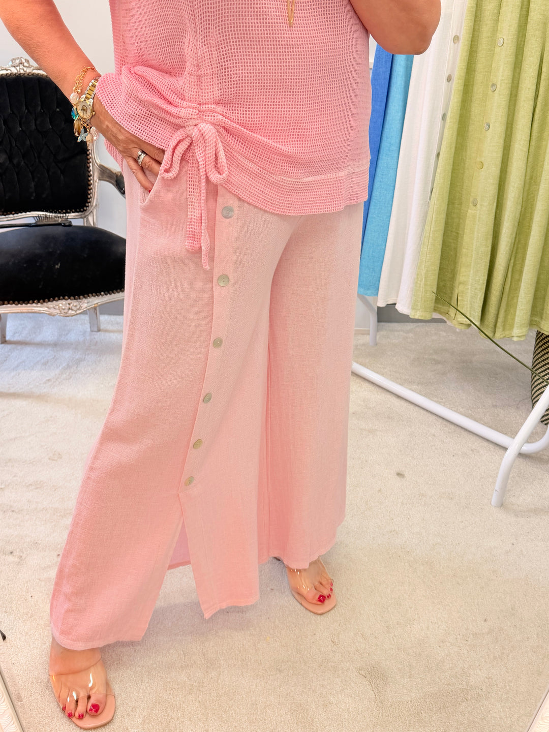 Ladies Fashion Wide Leg Palazzo Teabag Linen Trousers candy pink