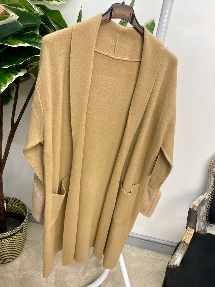 LADIES LONGLINE FAUX FUR CUFF CARDIGAN - CAMEL, BLACK, KHAKI, BROWN