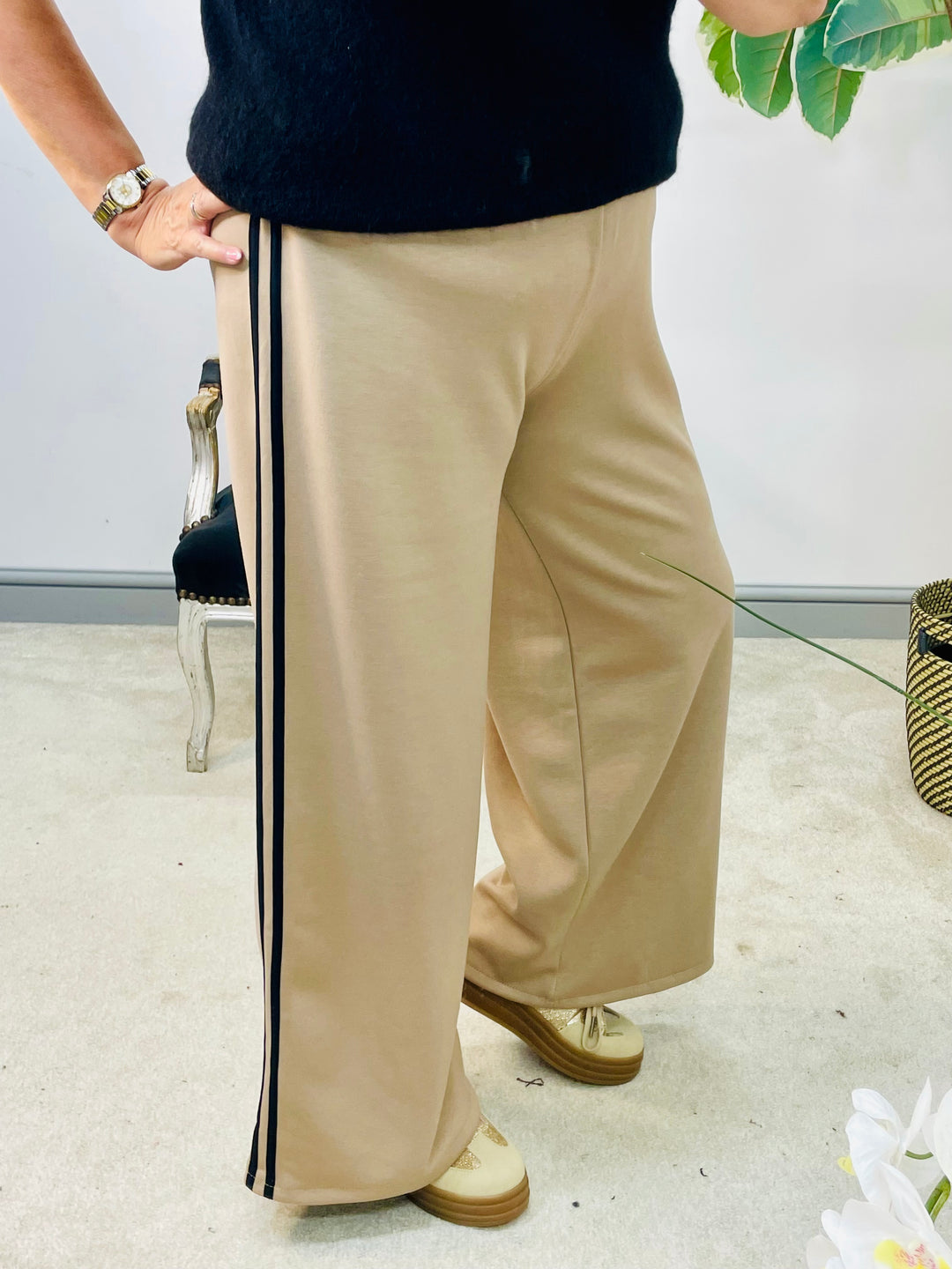 LADIES SPORTS LUXE STRAIGHT LEG JOGGER TROUSERS - NAVY, BLACK & CAMEL