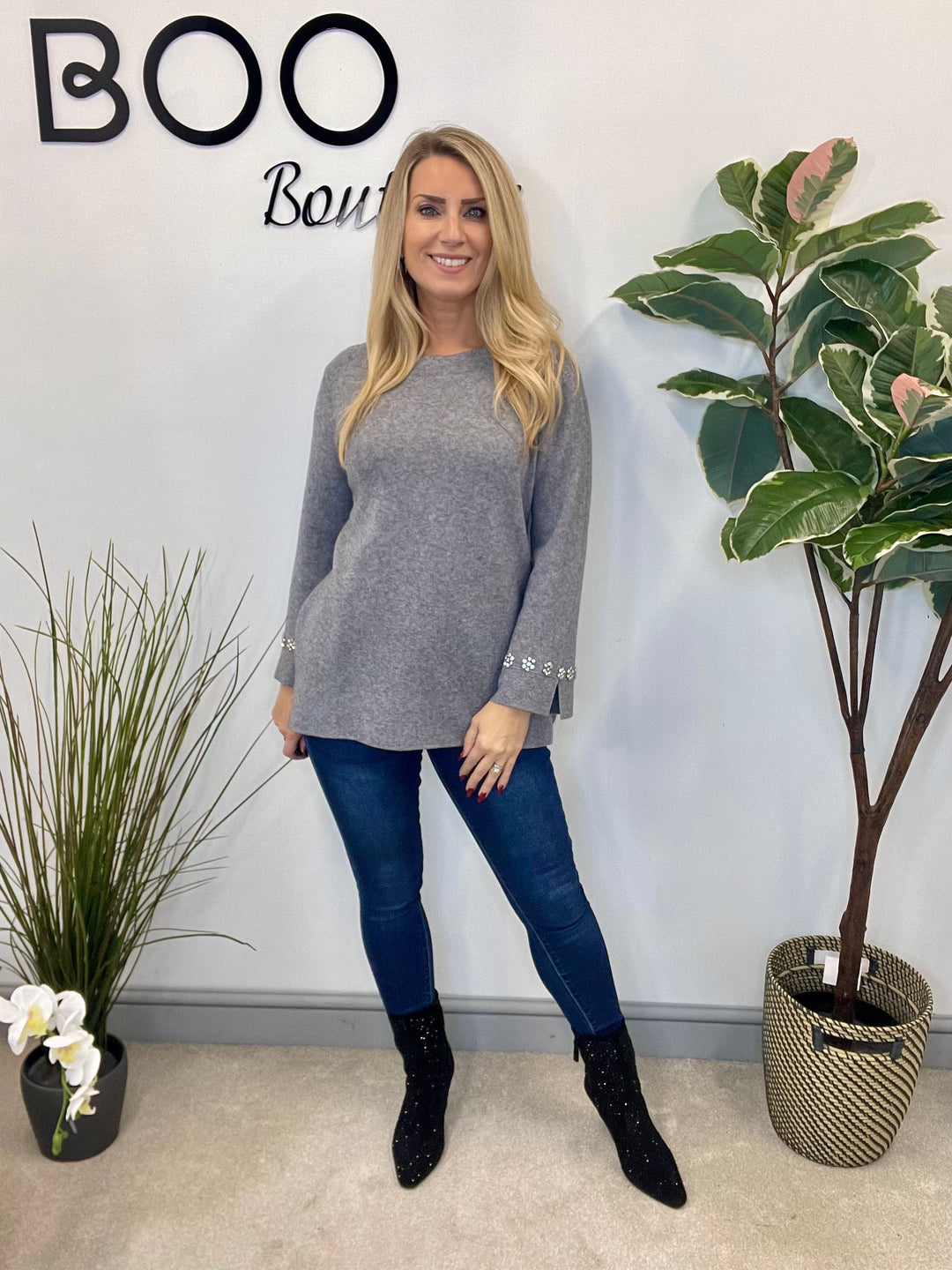 LADIES DIAMANTE JUMPER SWEATER - GREY & BLACK