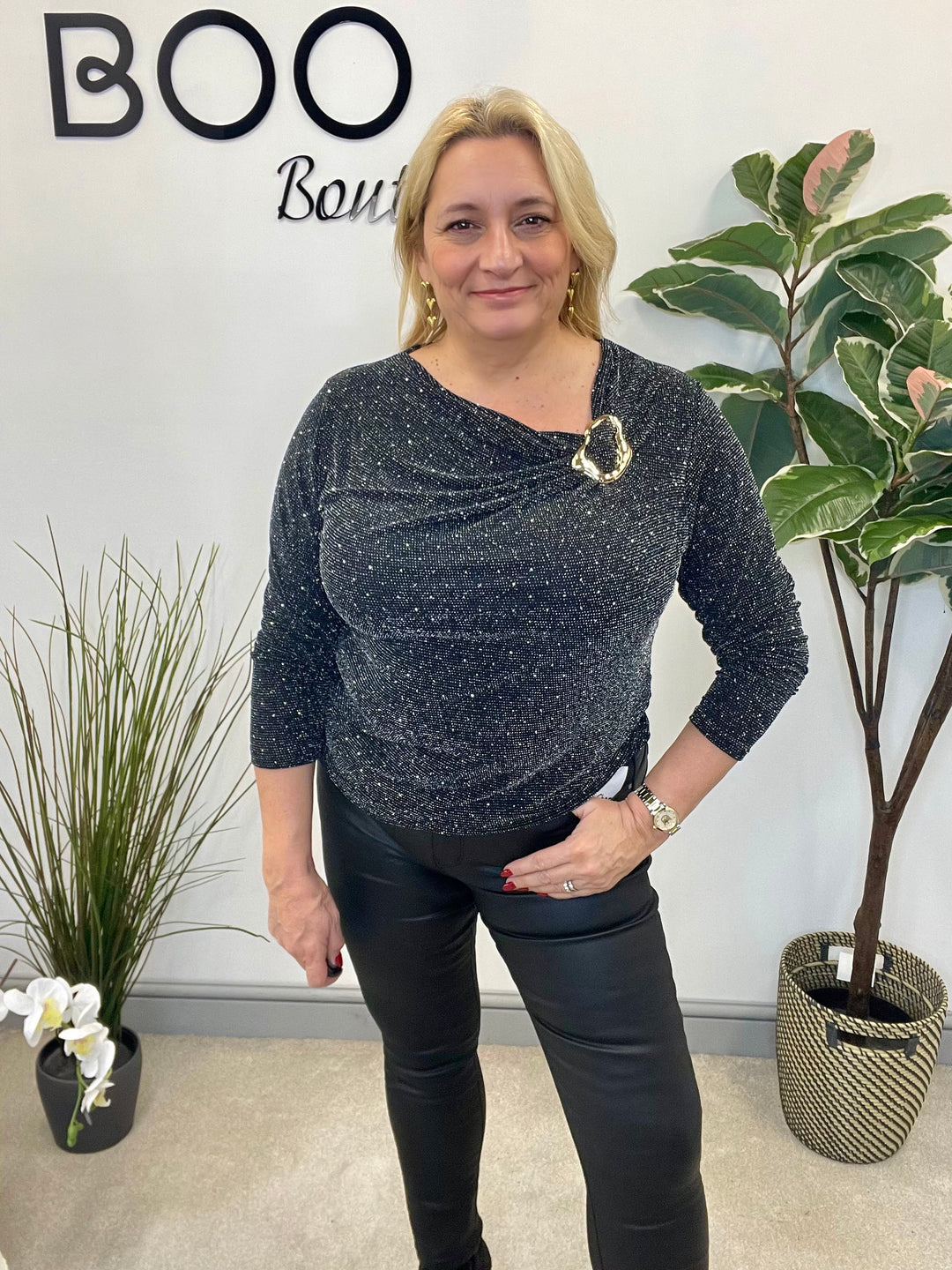 LADIES LUREX PARTY TOP - BLACK, RED, SILVER