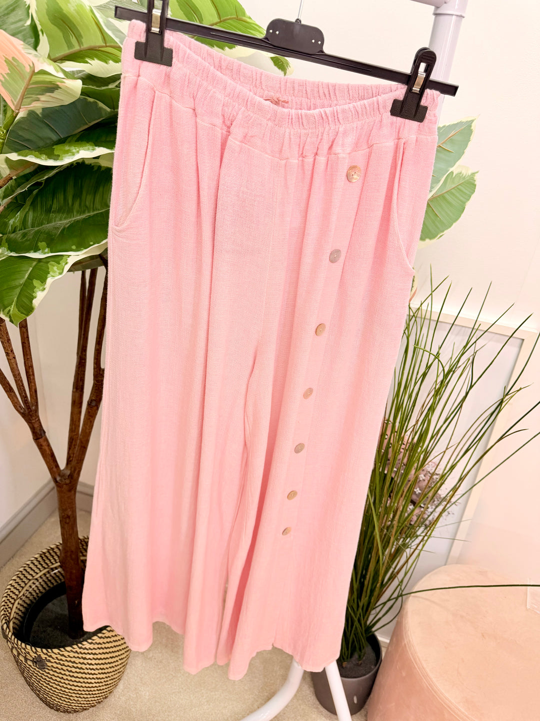 Ladies Fashion Wide Leg Palazzo Teabag Linen Trousers candy pink