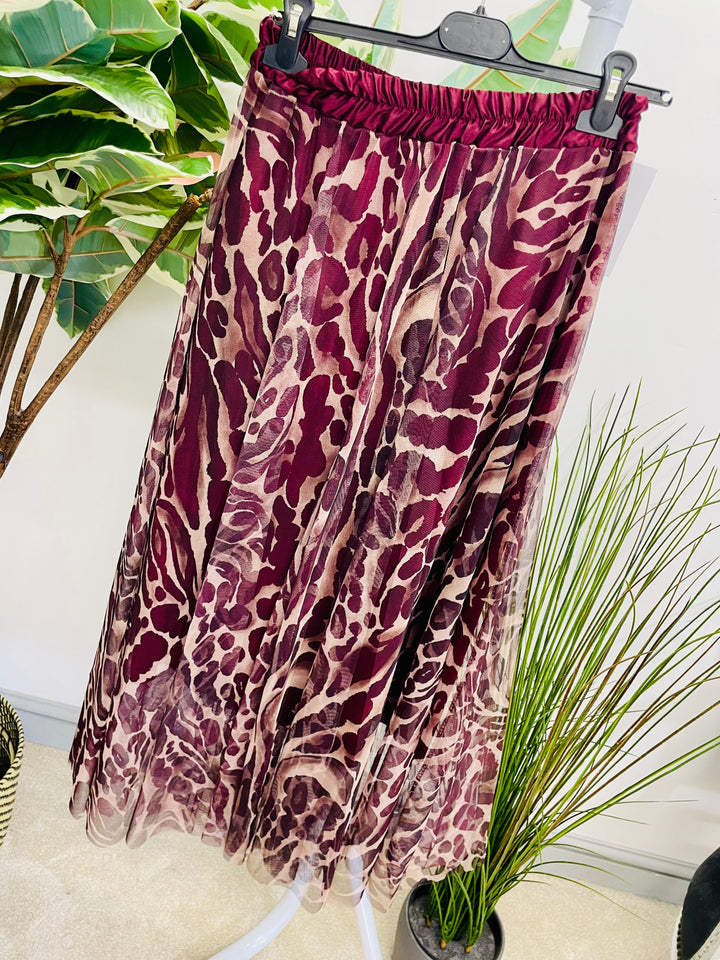 LADIES ANIMAL PRINT TULLE MAXI SKIRT - BLACK, BROWN & BURGUNDY