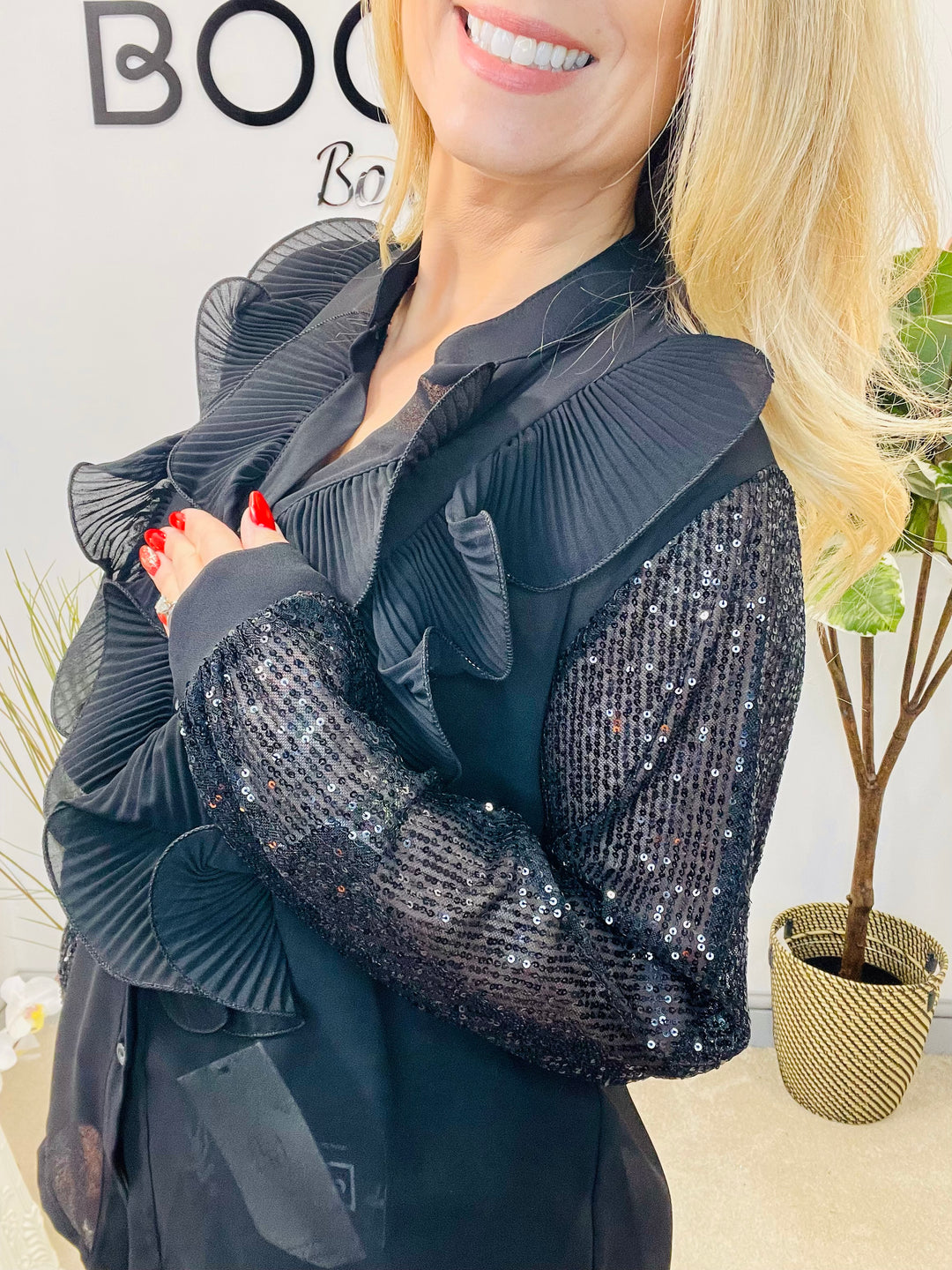 LADIES SEQUIN ARM FRILL BLOUSE - BLACK, SILVER, BERRY, BEIGE & BROWN