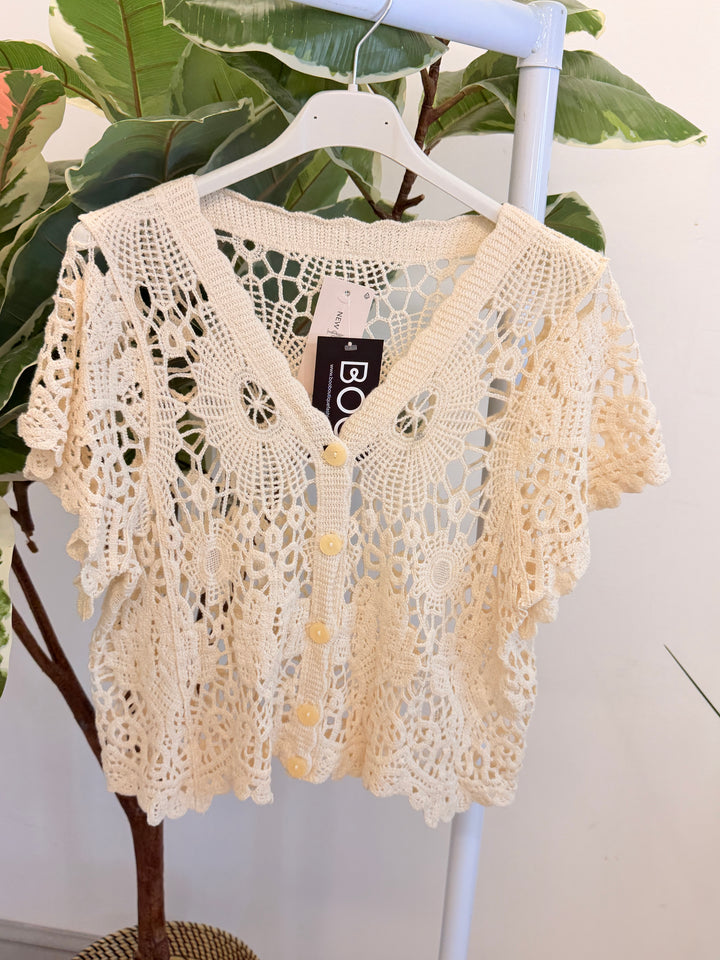 Ladies Crochet Bolero Cardigan - Beige, Black & White