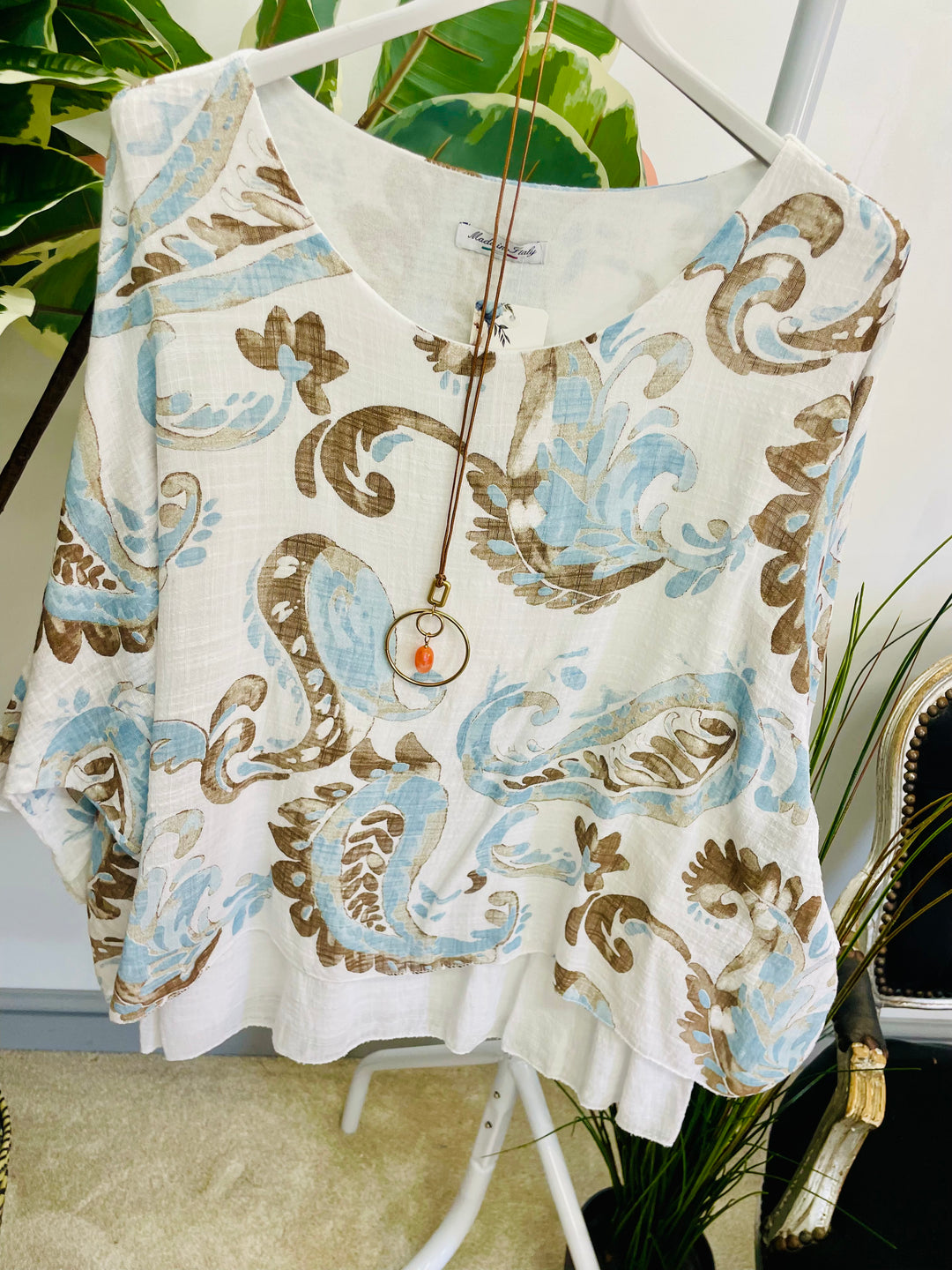 LADIES PAISLEY PRINT LINEN LOOSE FIT TOP - WHITE, BEIGE & KHAKI