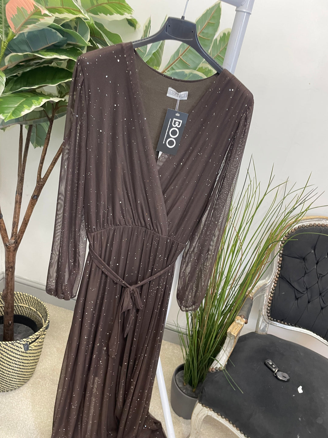 LADIES STRETCH NET PARTY MAXI DRESS - BLACK, BERRY, BROWN & GREEN