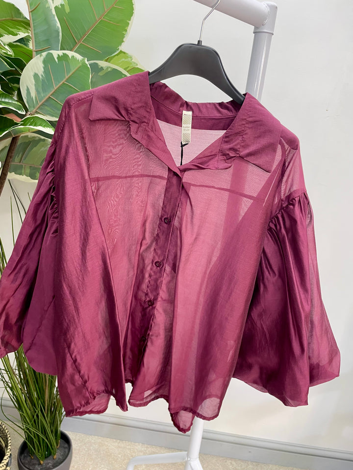 LADIES SHEER PUFF SLEEVE BLOUSE - OLIVE, BLACK, CREAM, TAUPE, WINE, BROWN