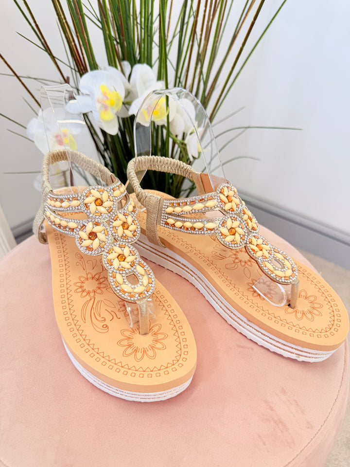 Ladies Fashion Gold Lemon Diamanté Toe Post Sandals 